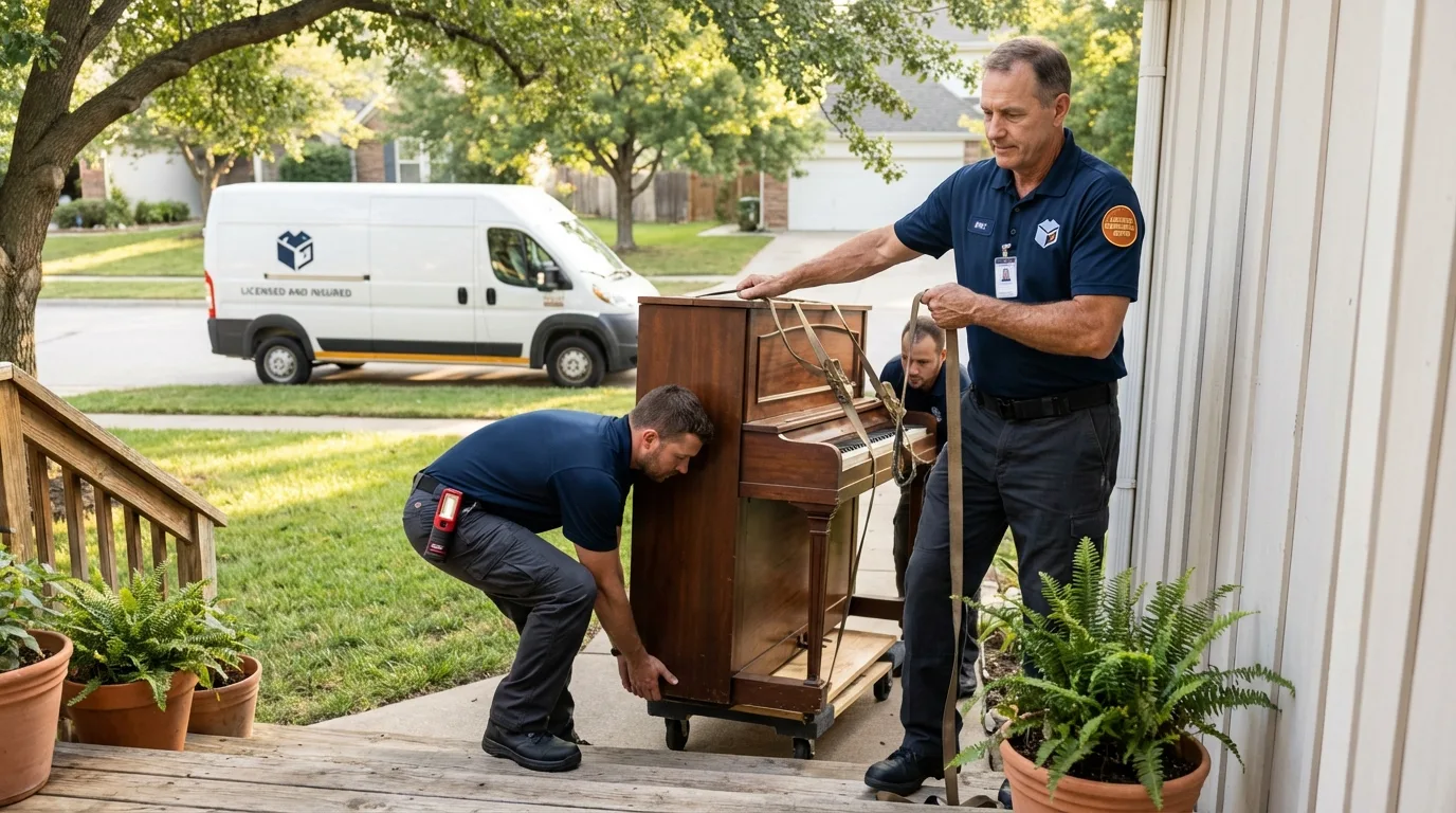 Licensed piano movers securing grand piano in Thompson, CT