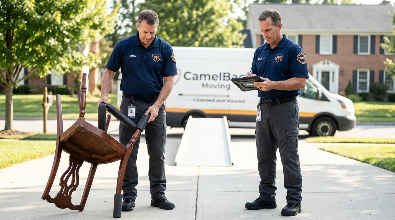 Movers inspecting furniture for damage prevention before loading in Thompson, CT