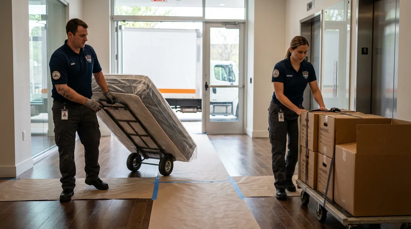 Professional apartment movers loading elevator in Thompson, CT
