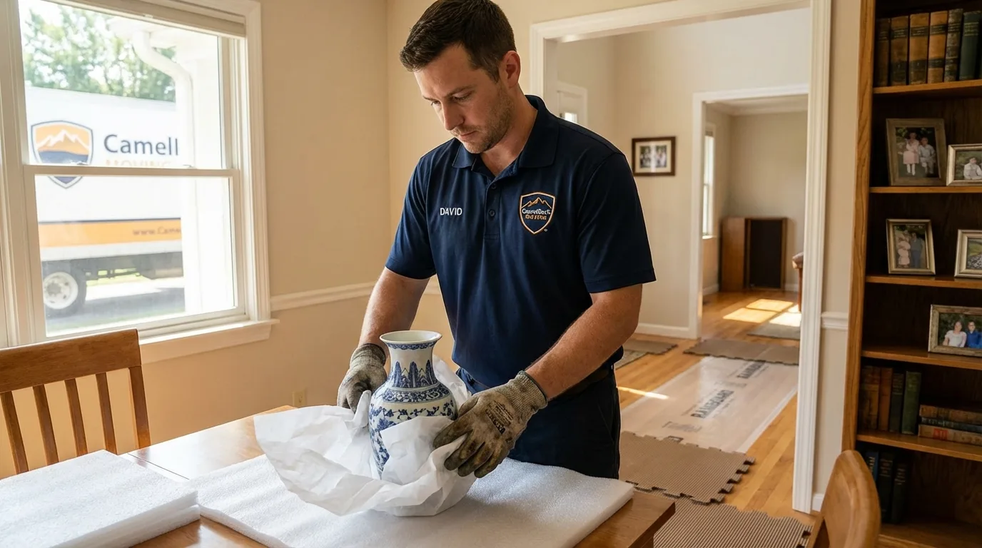 Professional crew carefully wrapping antique vase for senior downsizing move in Thompson, CT