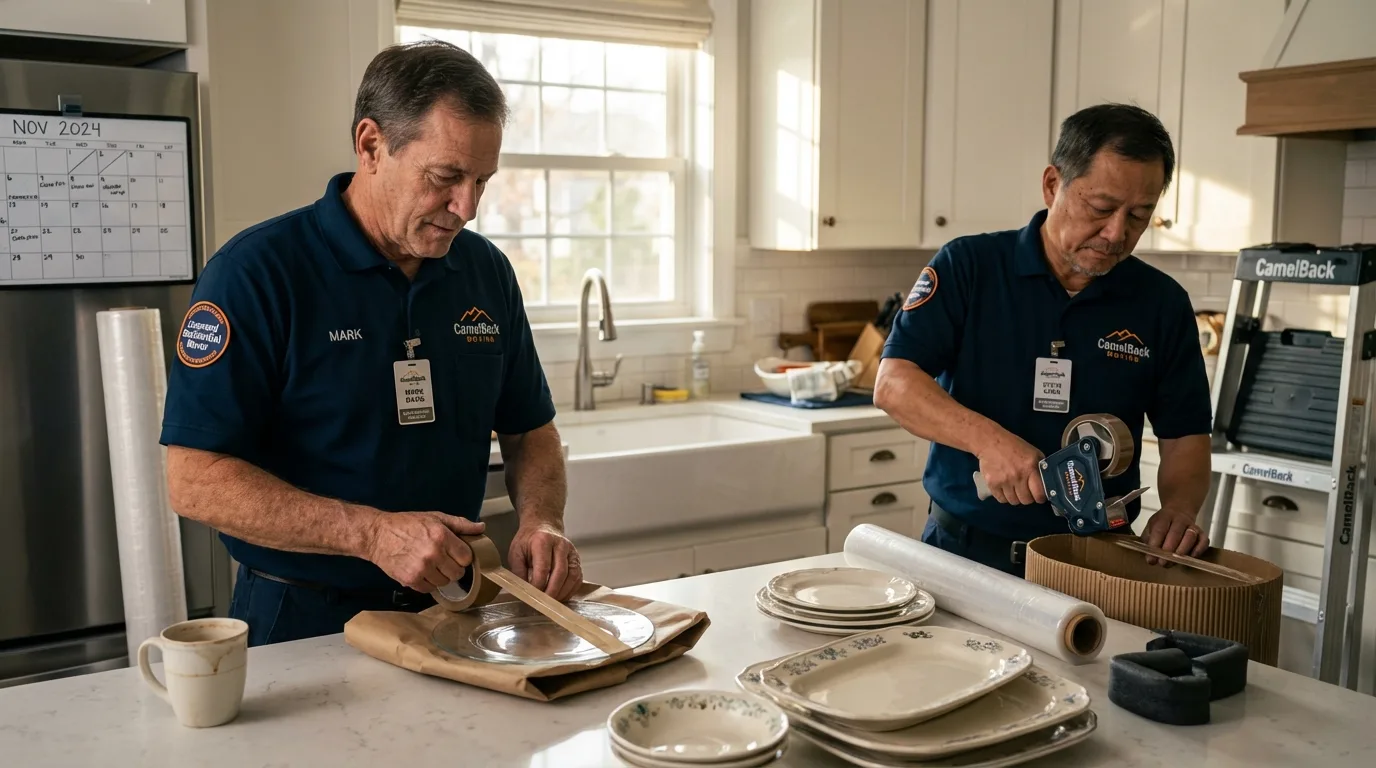 Professional crew packing kitchen dishware in Thompson, CT